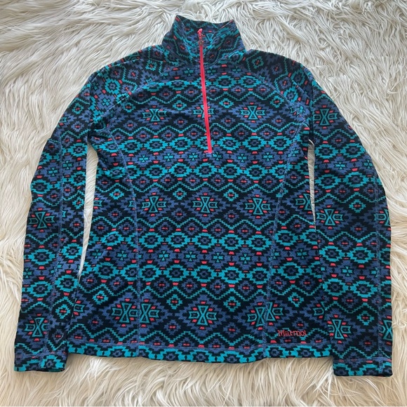 Marmot Fleece Jacket Rocklin Half Zip Blue Geometric Hiking Gorp Women’s M - Picture 1 of 9